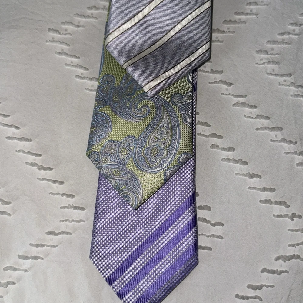 EUC Bruno Marchesi 100% Silk Men's Neck Tie Bundle Stripes Handmade Purple Green